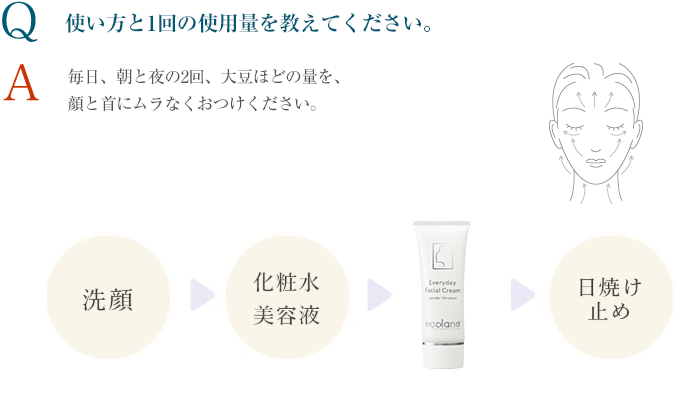 Q 使い方と1回の使用量を教えてください。 A ●エコレーヌ パーフェクション 毎日、朝と夜の2回、ポンプをゆっくりと押しながら、1ｃｍ程度を顔と首に（まぶたを除く）ムラなくおつけください。●エコレーヌ エブリデイ フェイシャル クリーム 毎日、朝と夜の2回、大豆ほどの量を、顔と首にムラなくおつけください。